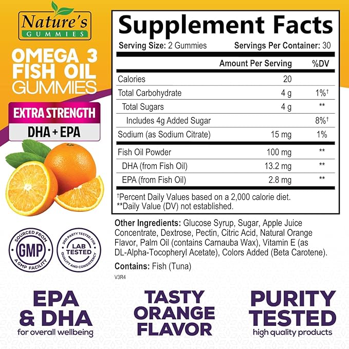 Omega Fish Oil Gummies - Delicious Orange Flavor Fish Oil Omega 3 Supplements with Heart Healthy EPA & DHA Fatty Acids for Heart, Joint & Brain Support - Omega 3 Fish Oil Gummy Vitamins - 60 Gummies