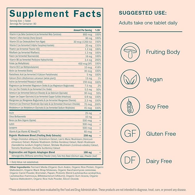 True Grace One Daily Women’s Multivitamin 40+ Fermented Minerals, Organic Adaptogens & Mushrooms Energy, Immune, Bone, Heart Support - Iron Free, Non-GMO, Gluten Free, Soy Free - 90 Vegan Tablets