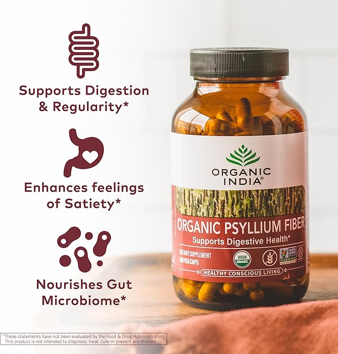 ORGANIC INDIA Psyllium Husk Capsules - Fiber Supplement, Healthy Elimination - Vegan, Keto, Gluten-Free, USDA Certified Organic, Non-GMO, Soluble & Insoluble Fiber Source - 180 Count (Pack of 2)