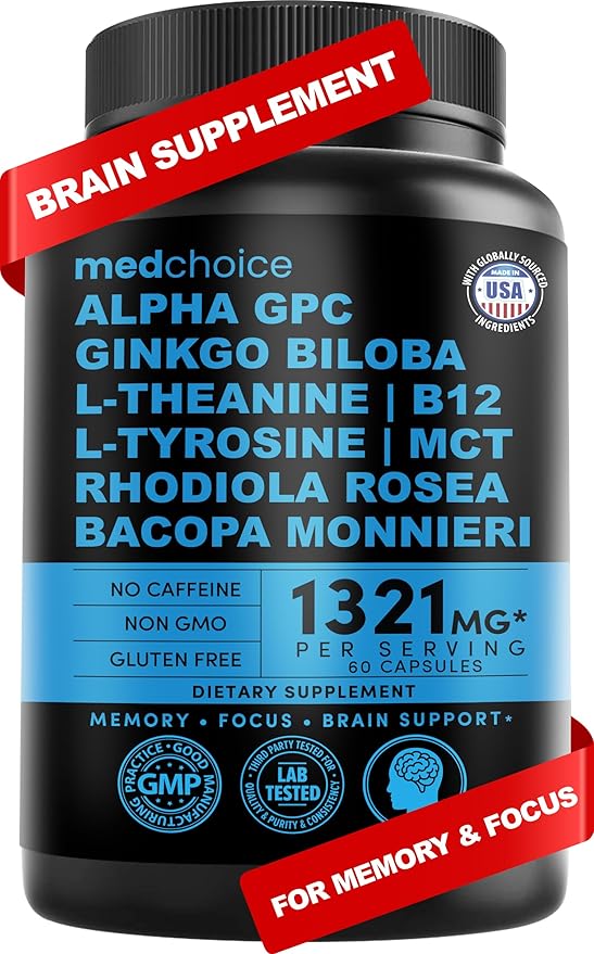 11-in-1 Nootropic Brain Supplements: Memory & Focus Supplement with Ginkgo Biloba, L Theanine, Bioperine, & Alpha GPC Choline - 1321mg, 60ct - Stimulant Free, Vegan - Focus Brain Support (1 pack)