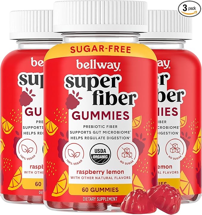 Bellway Super Fiber Gummies for Adults (3 Pack) - Sugar Free Organic Fiber Supplement Gummies with 4g of Fiber per Serving - Prebiotic Chicory Root Fiber for Gut Health, Raspberry Lemon, 180 Count