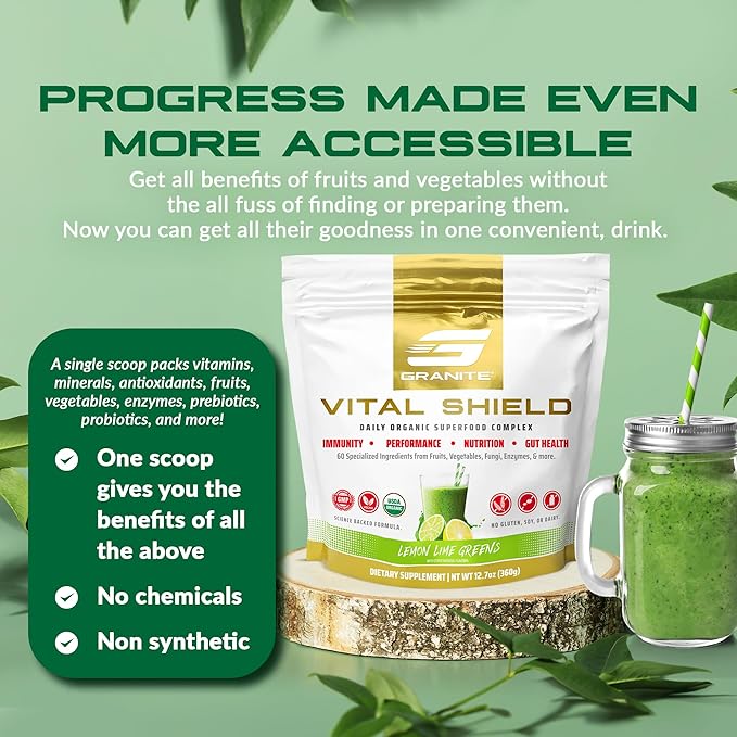Granite Supplements Vital Shield - (30 Servings) Greens Superfood Powder - Fruit & Vegetable Super Foods Powder for Performance, Gut Health, Immunity & Nutrition, Lemon Lime Berry Greens