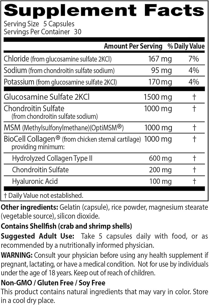 Doctor's Best Glucosamine Chondroitin MSM + Hyaluronic Acid with OptiMSM Featuring Biocell Collagen, Joint Support, Non-GMO, Gluten & Soy Free, 150 Caps