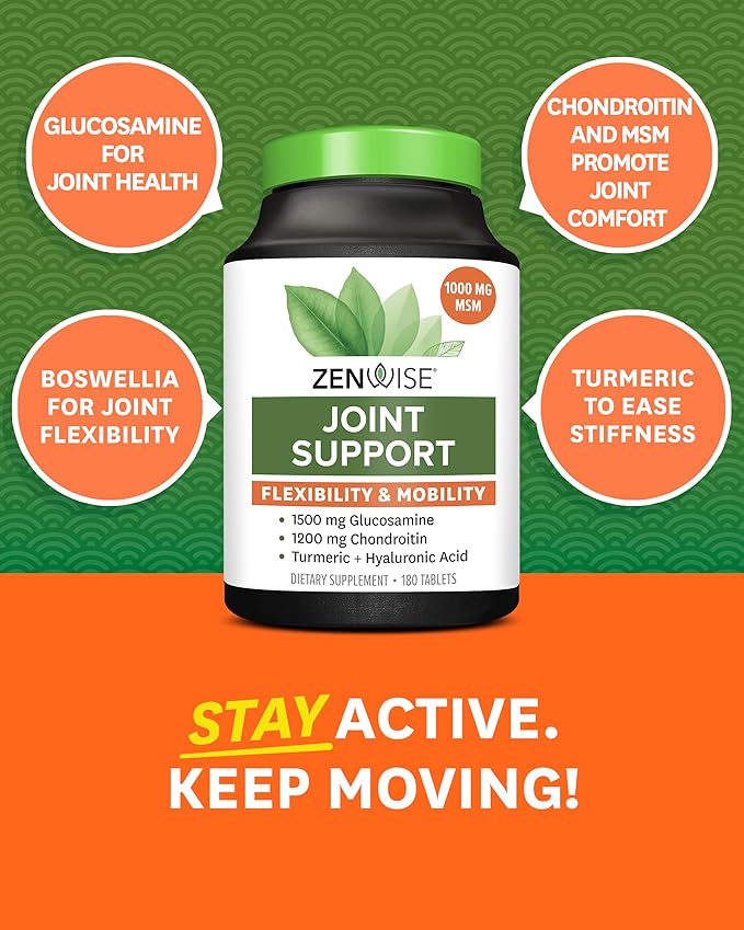 Zenwise Glucosamine Chondroitin Sulfate MSM Curcumin - Joint Support Supplement with Hyaluronic Acid for Extra Strength Relief - Natural Health & Mobility Support for Pain, Aches & Soreness (180 Count)