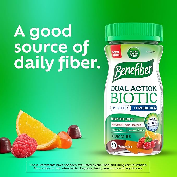 Benefiber Prebiotic Fiber Supplement Gummies with Probiotics for Digestive Health, Assorted Fruit Flavors - 50 Count