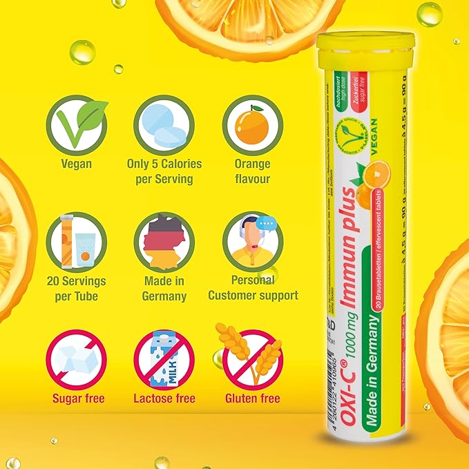 T&D Oxi C 1000 mg Vitamin C - 140 Vegan Drink Effervescent Tablets - Orange Flavor - Made in Germany