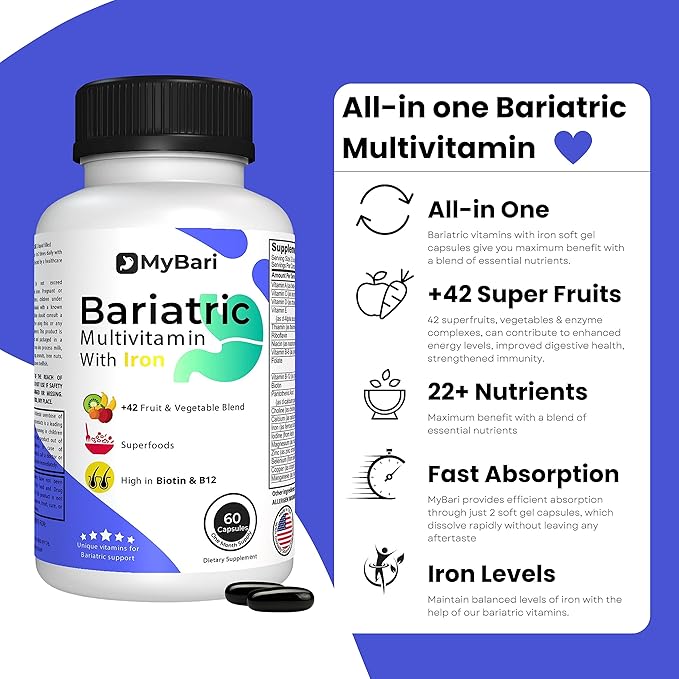 All-in-One Bariatric Multivitamin with Iron - Made in USA - for Men & Women - Supports Gastric Sleeve & Bypass with 42+ Fruit & Veggie Blend - 60 Liquid Capsules
