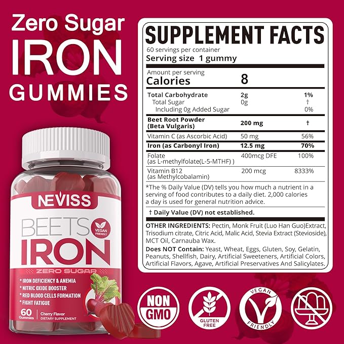 Sugar Free Iron Gummies, w/Beet Root, Vitamin C, B12, Folate for Iron Deficiency, Anemia, Energy Support, Non-Constipating, Gentle Iron Supplement for Women Men, No Rust Aftertaste, Vegan, 1 Pack
