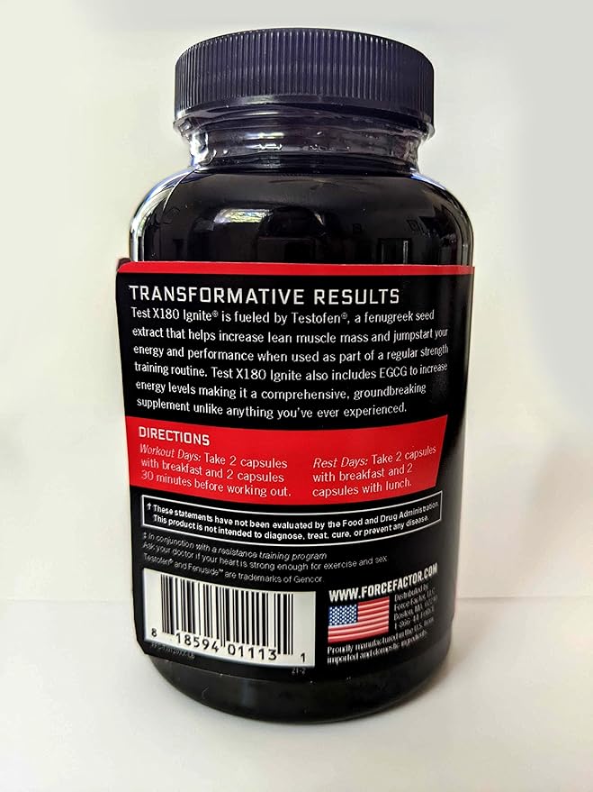 Force Factor Test X180 Ignite Total Testosterone Booster for Men with Fenugreek Seed and Green Tea Extract to Build Lean Muscle, Boost Energy, and Improve Performance, 120 Count