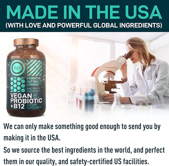 Vegan Probiotic Plus B12-22 Billion CFU Synbiotics Probiotics & Prebiotic for IBS, Digestive & Gut Health, Mood Support - B12 with FOS Pre Pro Post Biotics for Women & Men - 60 Gluten-Free Capsules