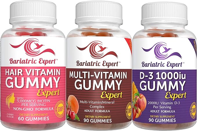 Bariatric Multivitamin 3 Pack, Multivitamin Gummy 90 Chews. - D3 Gummy 90 Chews.- Hair Vitamin Gummy 60 Chews.
