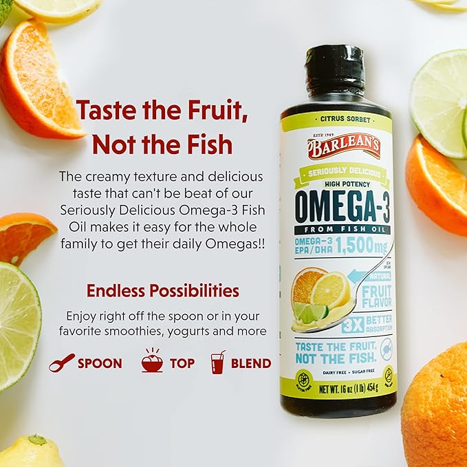 Barlean's Citrus Sorbet High Potency Omega 3 Fish Oil Liquid Supplement, 1500mg of EPA & DHA Fatty Acid, Smoothie Flavored & Burpless for Brain, Joint, & Heart Health, 16 oz