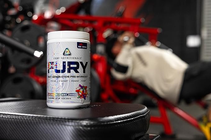 Core Nutritionals Fury Platinum Pre Workout Intensifier with 375mg Caffeine, 5G Creatine Monohydrate, 6G L-Citruline for Maximum Pump, Power, Focus and Energy, 20 Servings (Austrailan Gummy Snakes)