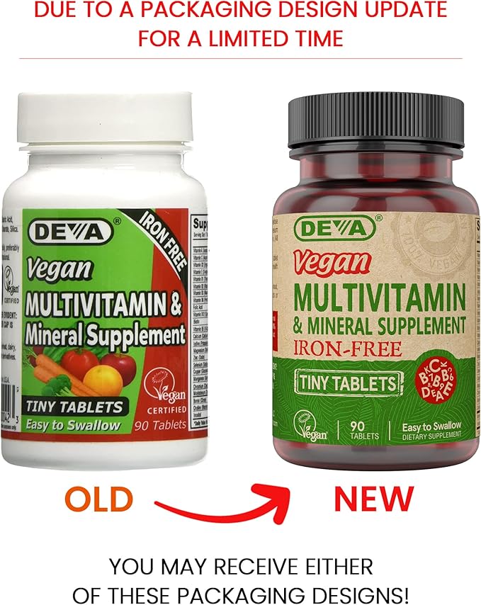 DEVA Tiny Tablets Vegan Multivitamins for Women & Men, Multivitamin Iron Free, Mineral Supplement, Vitamin C, Vitamin B Complex, Vitamin B12, Vitamin E, Zinc, Gluten Free (2 Pack - 90 Tablets Ea)