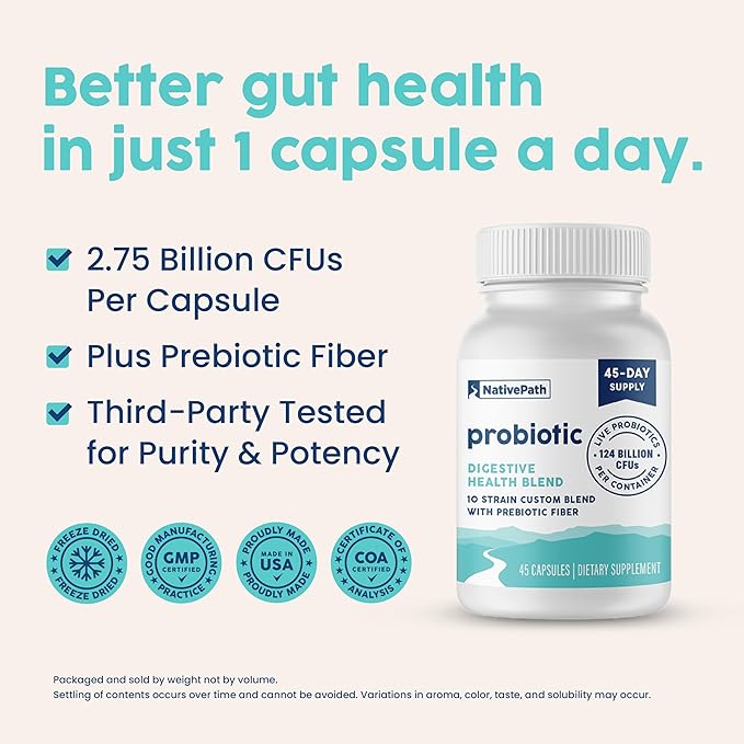 NativePath Daily Probiotic, 10-Strain Custom Blend Probiotics Supplement for Men and Women, 82 Billion CFUs - 45 Count