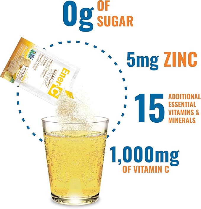 Ener-C Sugar Free Energy Lemon Ginger Multivitamin Drink Mix Vitamin C 1000mg & Electrolytes - Natural Immunity Support with Real Fruit Juice Powders - Non-GMO Vegan & Gluten Free - 60 Count