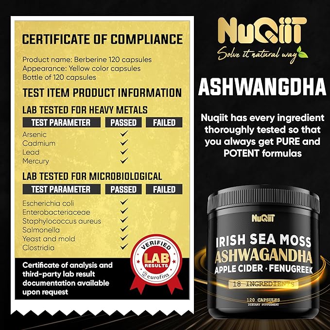 Organic Ashwangdha Capsules 15000mg Irish Sea Moss 3000mg Apple Cider Vinegar 3000mg & More - Support Brain Health, Strength & Immune System - 120 Vegan Capsules