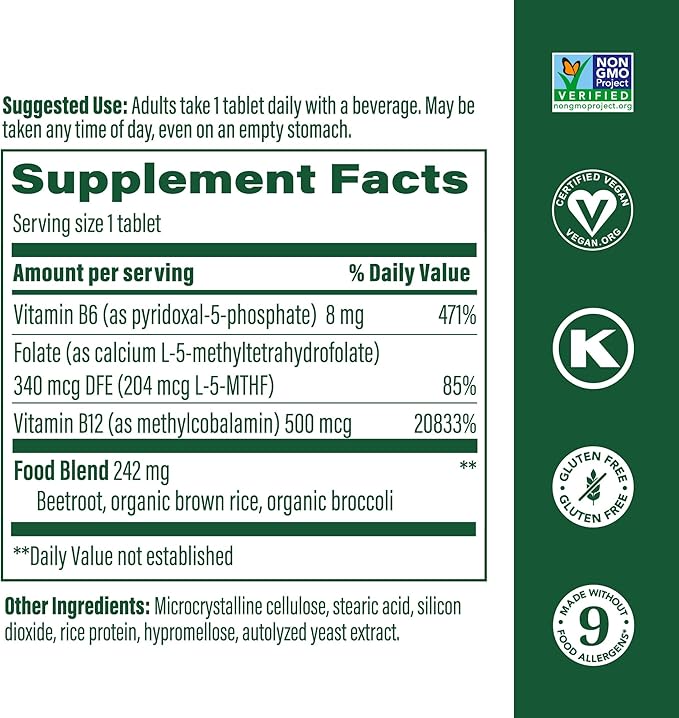 MegaFood Methyl B12 - Vegan - Includes Methyl Folate, Vitamin B12 & B6 - Supports Cellular Energy Production, Nervous System Health & Cardiovascular Function - 60 Tablets