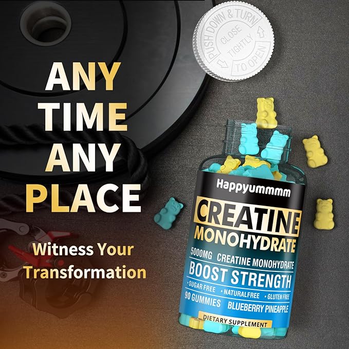 Creatine Monohydrate Gummies 5000mg for Men & Women, Chewables Creatine Monohydrate for Muscle Strength, Muscle Builder, Energy Boost, Pre-Workout Supplement(90 Count)-Blueberry Pineapple.