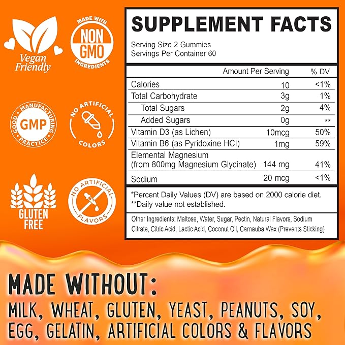 Magnesium Glycinate Gummies 400mg - Magnesium for Sleep, Calm, Relax & Muscle Relief with B6 & D3 and No Melatonin - Family-Friendly for Kids, Teens & Adults - Vegan & Non-GMO Supplement - 120 Count