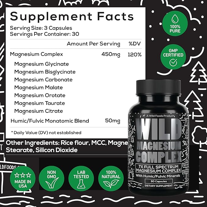Wild Foods Magnesium Complex Supplement with 7X Forms, 90 Capsules | High Absorption, Full Spectrum, Easy Digestion | 500mg Glycinate, Bisglycinate, Malate, Orotate, Citrate, Taurate