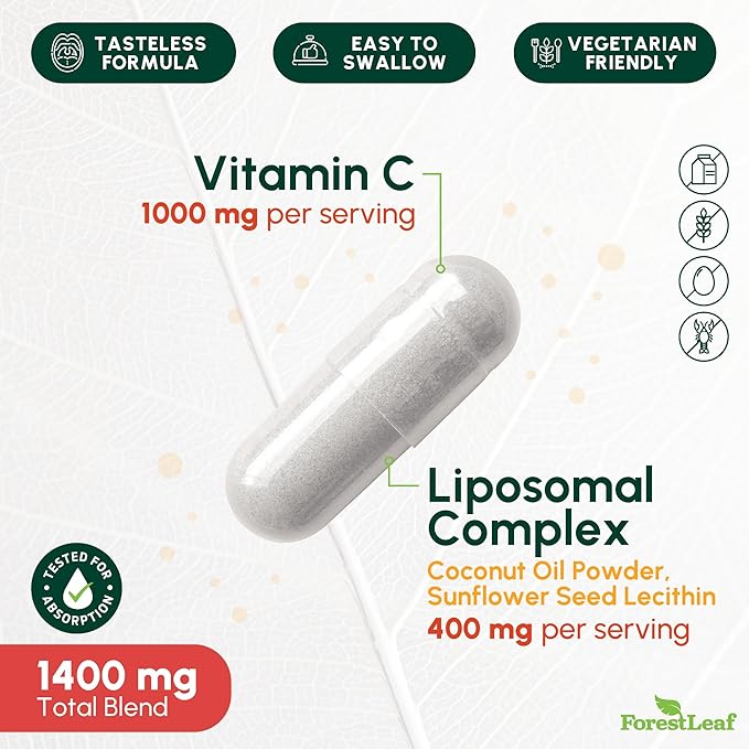 ForestLeaf Liposomal C - 1000mg Capsules - Immune Booster with MCT Oil & Sunflower Lecithin - Superior Absorption - High Dose C (Unflavored - 120 Veg Cap)