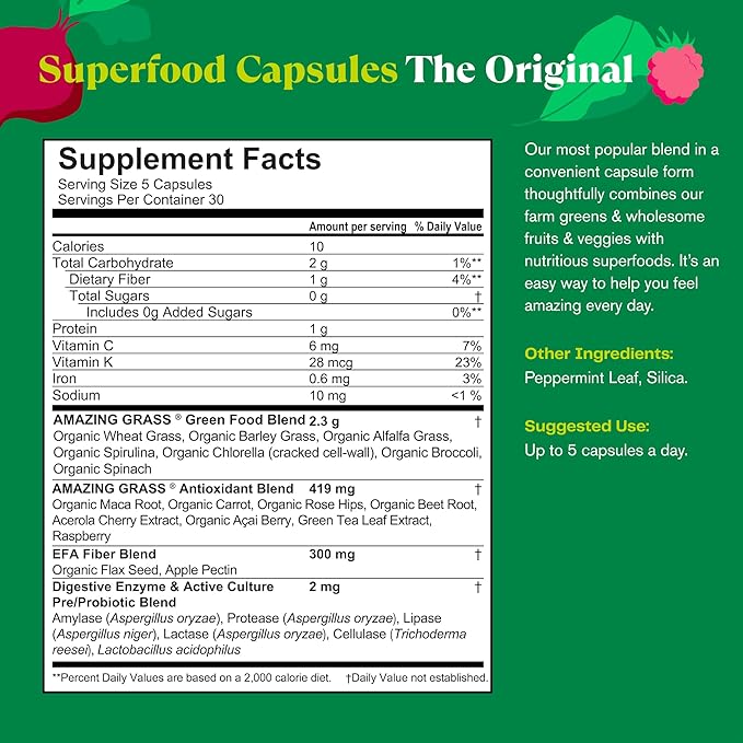 Amazing Grass Greens Superfood Powder: Greens Powder with Digestive Enzymes & Probiotics, Organic Spirulina, Chlorella, and Beet Root Powder, Original, 150 Count