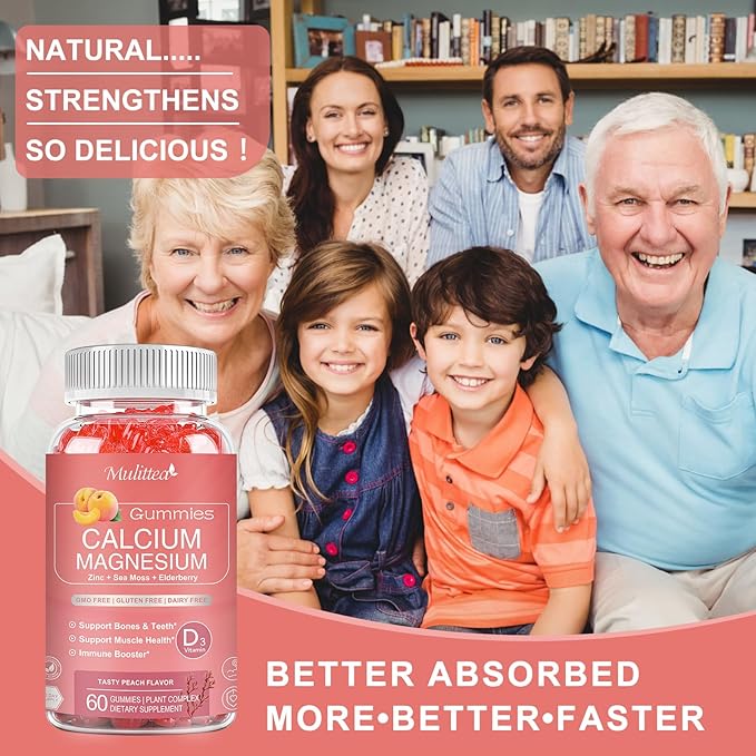 1200mg Calcium Gummies with D3,K2,Zinc - Plant Complex Calcium Magnesium Supplement with Glycinate,Potassium,Vitamin C &Whole Natural Food for Bone & Immune Support- 60 Chewable Gummy Sugar-Free