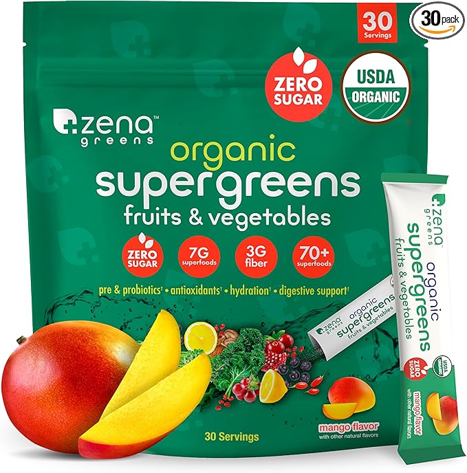 Zena Organic Super Greens Powder, 70+ Superfoods Drink Mix, 0 Sugar, 3G Fiber, Fruits, Veggies, Spirulina, Chlorella, Antioxidants, Pre & Probiotics, Digestive Enzymes, Mango Flavor, 30 Packets