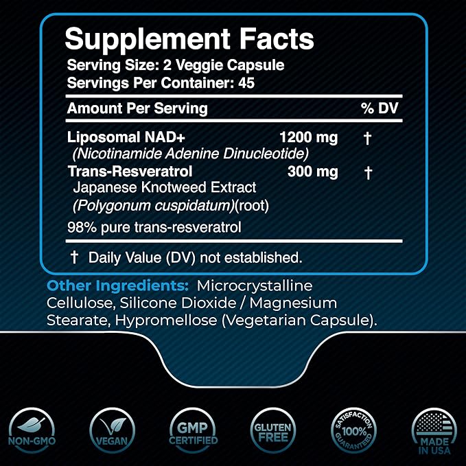 NAD Supplement, 1500mg - Liposomal NAD+ Supplement with Resveratrol, NAD Plus Boosting Supplement - Support Cellular Health, Stamina & Healthy Aging - Ultra Strength Capsules - 2 Pack