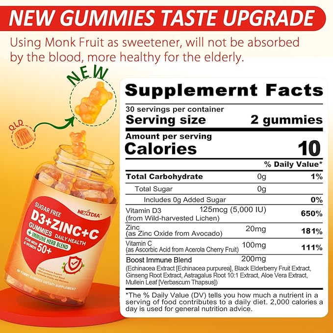 Sugar Free Vitamin C + D3 + Zinc Gummies for Adults 50 +, 9 in 1 Immune Defense Supplement with D3 5000IU, Elderberry, Echinacea, Mullein Leaf for Boost Immunity, Power Antioxidant, Vegan (Pack of 2)