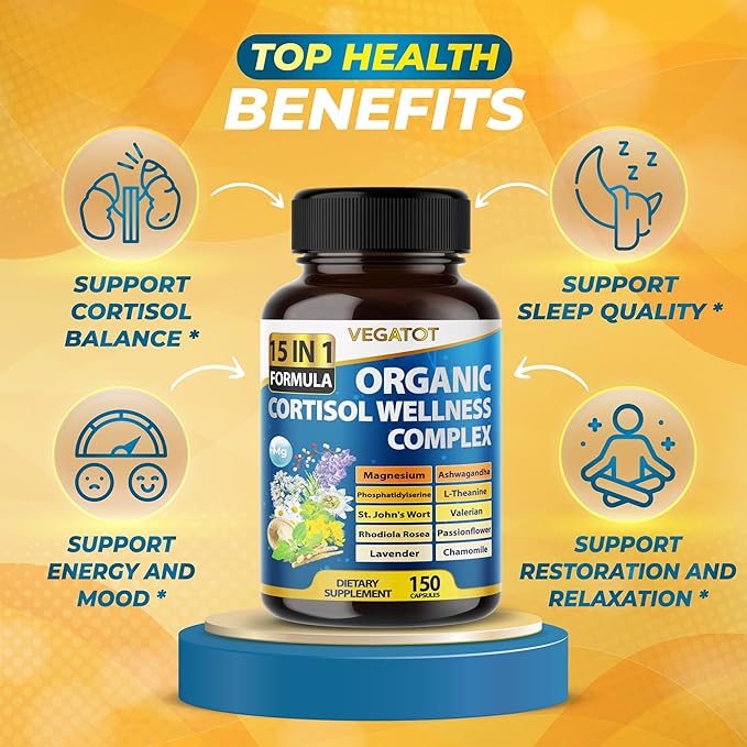 VEGATOT Organic Cortisol Wellness Complex 15-in-1 Formula with Magnesium Ashwagandha St. John's Wort Valerian Rhodiola Rosea Passionflower Chamomile