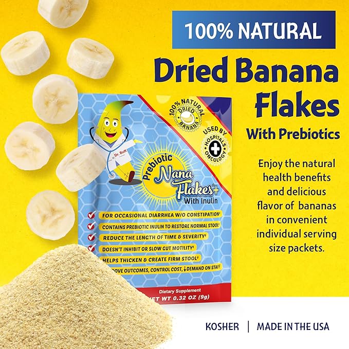Nutritional Designs, Prebiotic Nana Flakes with Inulin, 100% Pure Banana Flakes, Gut Health, High Protein & Fiber, Natural Diarrhea Remedy, IBS Relief, for Adults & Kids 4+ (25 Single-Serve Packs)