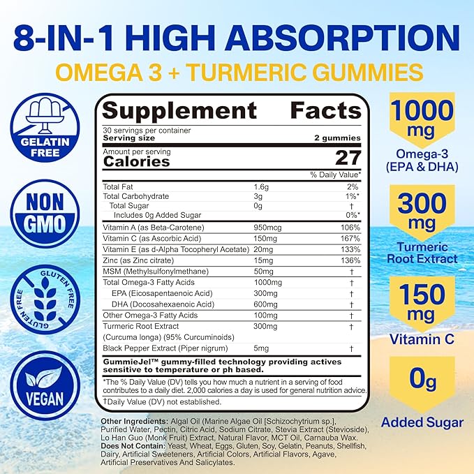 Vegan Omega-3 Gummies 1000mg + Turmeric - Omega 3 Fish Oil Alternative for Adults - Algae Omega DHA 600mg & EPA 300mg, Vitamins A, C, E, Zinc & MSM - Mobility, Immune, Eye & Brain, Sugar Free, 60 Cts