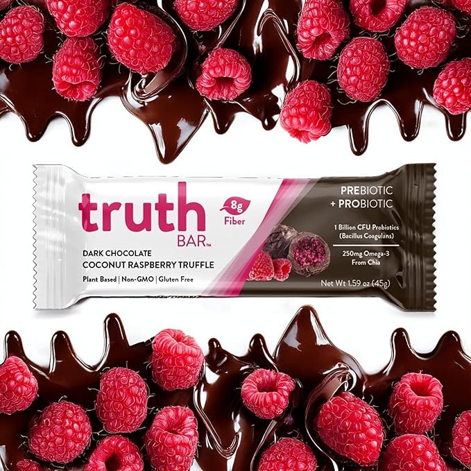 Truth Bar Prebiotic & Probiotic Keto Snack Vegan Bars with Omega-3's - Synbiotic High Fiber Snacks - Low Sugar, Kosher, Gluten Free - Dark Chocolate Coconut Raspberry Truffle (Pack of 12)