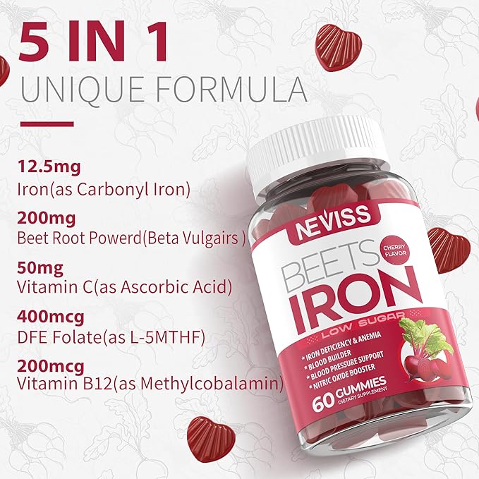 Sugar Free Iron Gummies, w/Beet Root, Vitamin C, B12, Folate for Iron Deficiency, Anemia, Energy Support, Gentle Iron Supplement for Women Men, Non-Constipating, No Rust Aftertaste, Vegan, 2 Pack