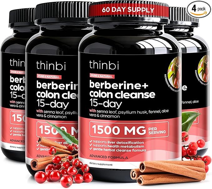 Colon Cleanse Berberine Supplement 1500mg - 4 Pack - 15-Day Extra Strength for Men & Women w/Senna Leaf, Fast-Acting Natural Laxative for Constipation Relief, Gut Health -Made in USA