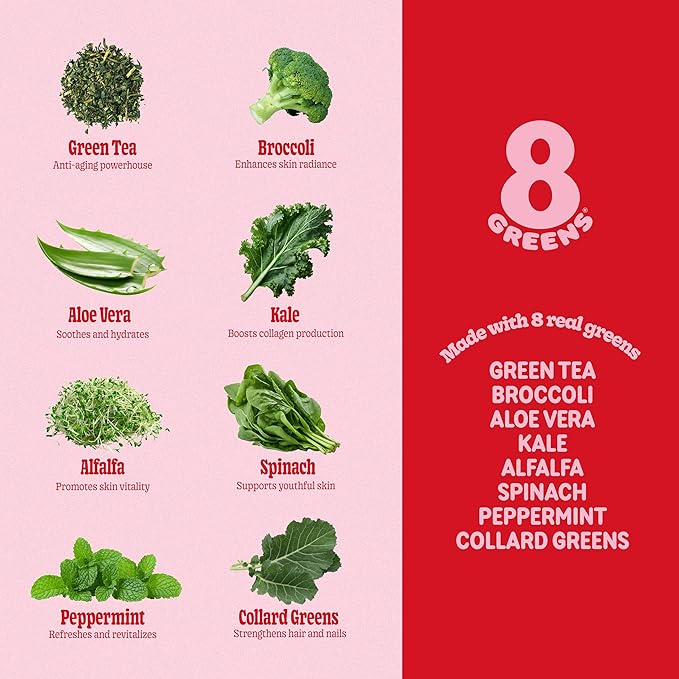 8Greens Supergreens Beauty Gummies with Collagen & Biotin | Super Greens Powder Superfood Gummy for Healthy Skin, Hair, Nails, Glow, and Firmness, Superfood Booster, Strawberry Flavored, 50 Count