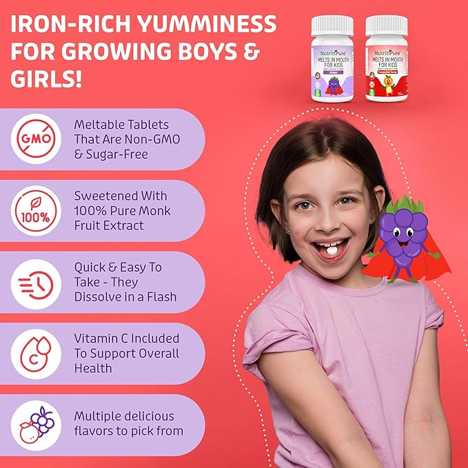 Chewable Iron Supplements for Kids (Ferronyl®/Carbonyl Iron 9 mg with Vitamin C 30 mg) Tablet in Delicious Grape Flavor | Kids Iron Supplement 90 Count (2 Bottles)