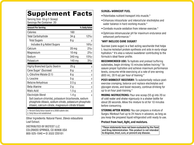 Biotest Surge Intra Performance - 50g Muscle Fuel with Cluster Dextrin & Beta-Alanine for Power, Gains & Recovery - 20 Servings, Lemon (2.43 lb)