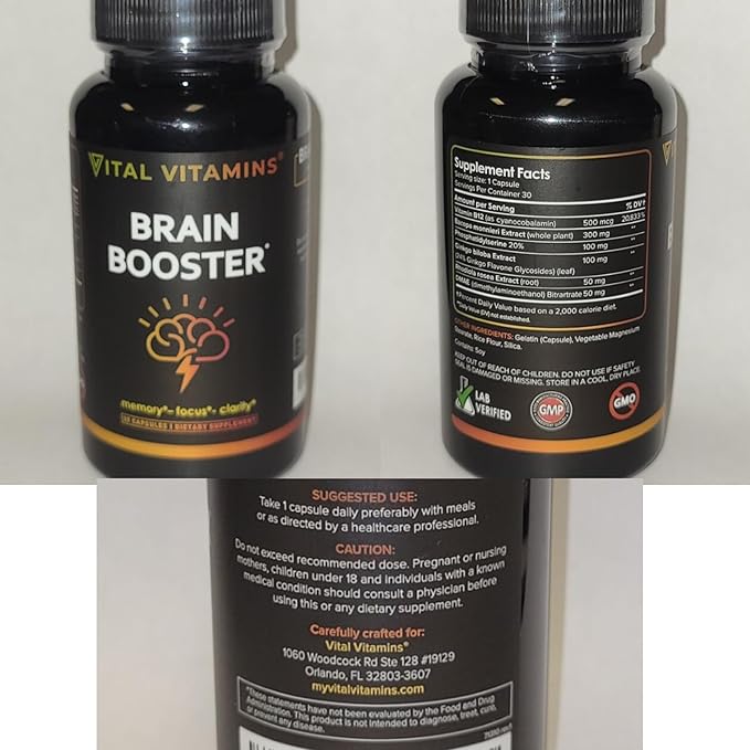Vital Vitamins Brain Supplements for Memory and Focus (2 Pack) - Nootropic Brain Support - Memory, Clarity, Focus, Energy - Vitamin B12, Gingko Biloba, DMAE