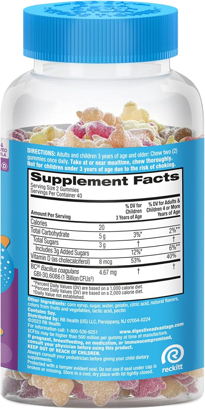 Digestive Advantage Probiotics For Digestive Health, Kids Probiotic Gummies, Daily Probiotics For Women, Men & Kids Minor Abdominal Discomfort, & Gut Health, 80ct Natural Fruit Flavors