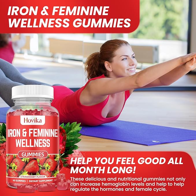 Iron for Women Gummies, 40mg Iron Supplement Anemia with multivitamin for Women, Zinc, Selenium, Iodine - for Iron Deficiency - Natural Hormonal Support for PMS, Strawberry Flavour, 60 Count