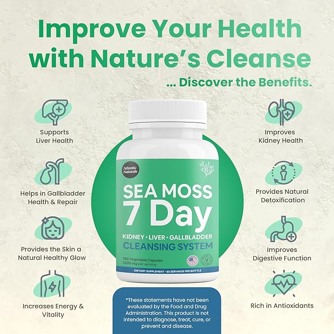 Atlantic Naturals Sea Moss 7 Day Detox Liver, Gallbladder & Kidney Cleanse Capsules- Support with Dandelion Root, Milk Thistle, Burdock Root, Red Clover, Chanca Piedra - 180 Sea Moss Capsules