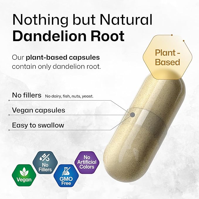 BIO KRAUTER Dandelion Root Capsules - 1800 mg Strength - 100 Count - Dandelion Root Supplement - Vegan Dandelion Powder Capsules for Digestion, Liver Support, Cleansing and Immunity