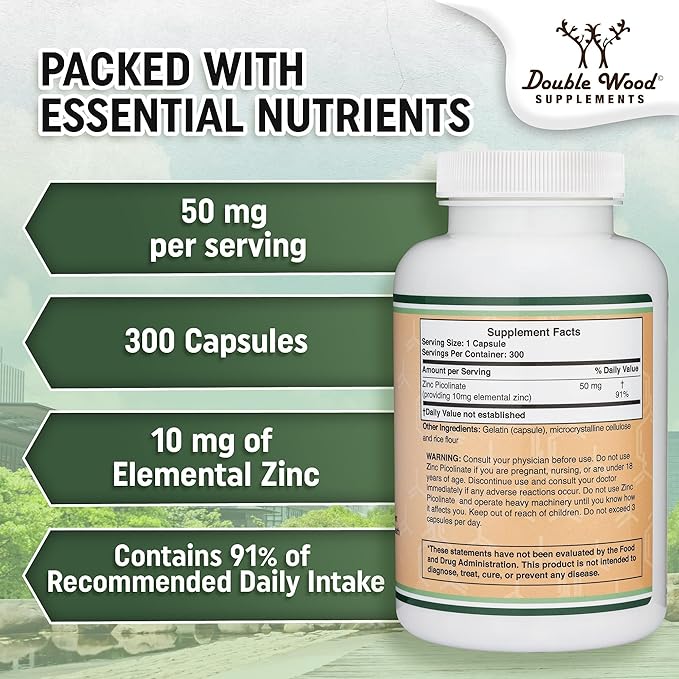 Zinc Picolinate 50mg, 300 Capsules (Immune Support) Non-GMO, Gluten Free (300 Day Supply) by Double Wood Supplements