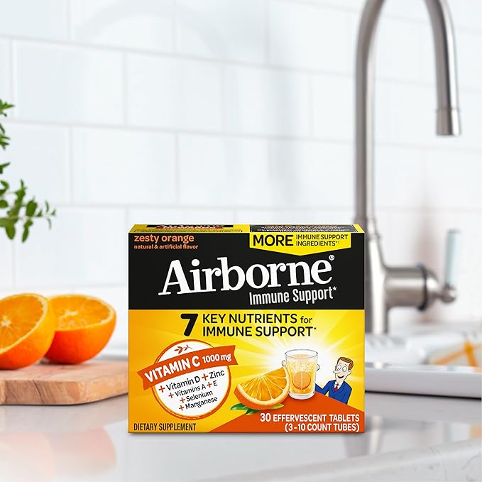 Airborne 1000mg Vitamin C with Zinc, SUGAR FREE Effervescent Tablets, Immune Support Supplement with Powerful Antioxidants Vitamins A C & E - 30 Fizzy Drink Tablets, Zesty Orange Flavor