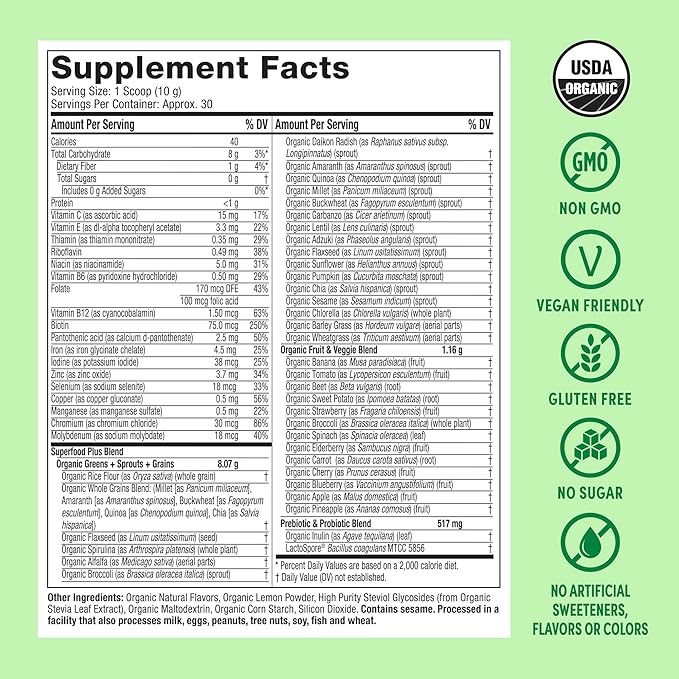 Purely Inspired Organic Green Powder Smoothie Mix, Tropical Mango Iced Tea Flavor (30 Servings) - Probiotics for Digestive Health with Spirulina & Chlorella for Gut Health - Vegan & Gluten-Free