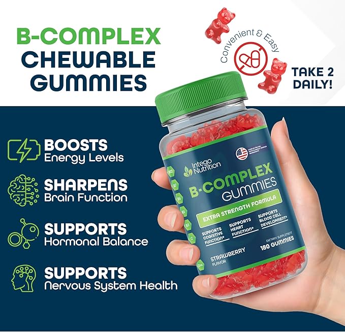 Vitamin B Complex Gummies for Adults, B Complex Vitamin Supplement for Women and Men, B Vitamins Complex Gummies for Energy and Brain Health, Natural Strawberry Flavor, 180 Count