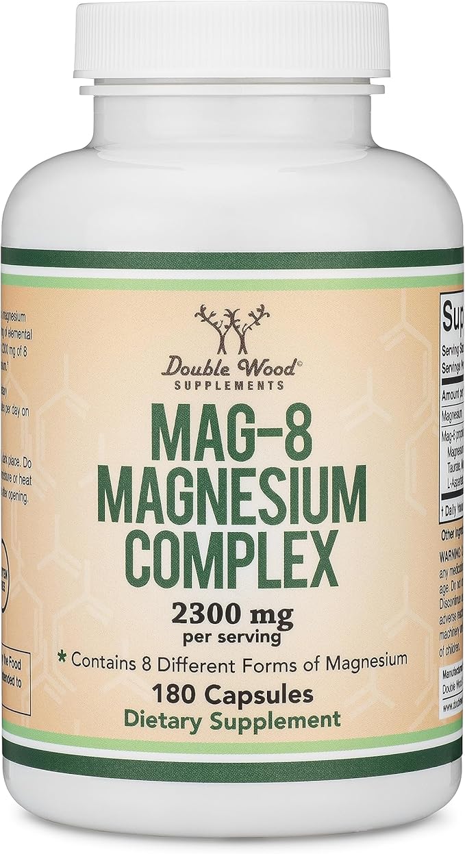 Magnesium Complex Supplement 180 Capsules (436mg Elemental Magnesium Provided by 2,300mg of Eight Different Forms of Magnesium) MAG-8 Provides 100% Daily Recommended Value of Magnesium by Double Wood